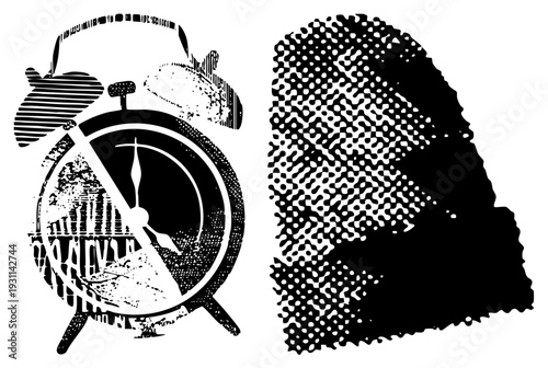 Retro alarm clock with distressed halftone style, paired with abstract organic shape, vector illustration, design, graphic art element.