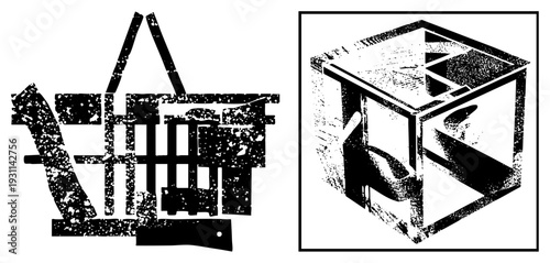 Stylized black and white vector forms featuring halftone textures, angular compositions, and isolated graphic elements, ideal for modern design applications.