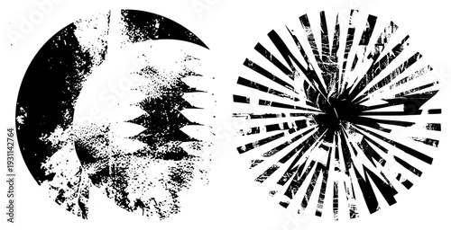 Distressed halftone textures in circular and radial forms, abstract graphic elements, gritty vector, design, artistic noise effects.