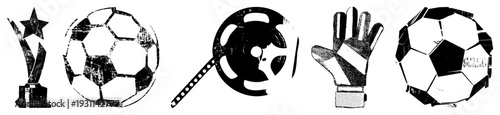 Classic sports symbols including trophy, soccer ball, film reel, goalkeeper glove, and stylized ball, rendered in gritty with halftone texture and distressed edges.