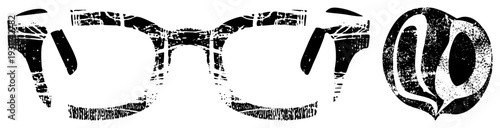 Retro eyewear with gritty texture, bold frame design, classic glasses silhouette, graphic, vintage optical accessory.