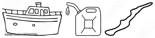 Black sketch of fishing vessel, portable fuel container, and oil spill trail, minimalist vector illustration, isolated elements.