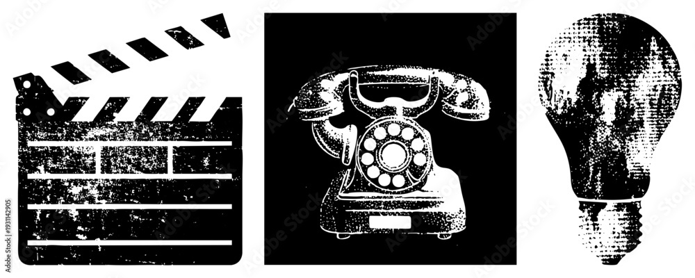 Fototapeta premium Retro cinema clapperboard, rotary telephone, lightbulb symbol, halftone texture, vector, isolated design elements, creative tools.