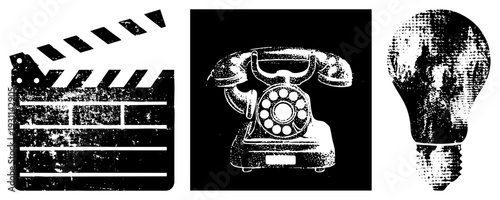 Retro cinema clapperboard, rotary telephone, lightbulb symbol, halftone texture, vector, isolated design elements, creative tools.