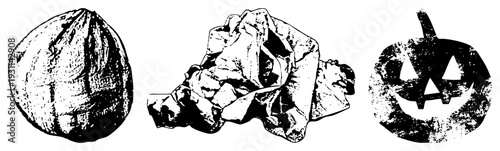 Halloween jack o lantern carving, crumpled paper texture, spherical object with grain, black and white halftone style, isolated vector symbols.