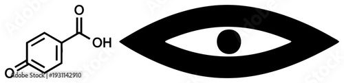 acid molecular formula juxtaposed with minimalist eye symbol, scientific illustration, chemistry graphic, flat vector, medical or toxicology context.