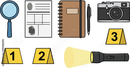 Crime Scene Investigation Tools and Evidence Markers.
