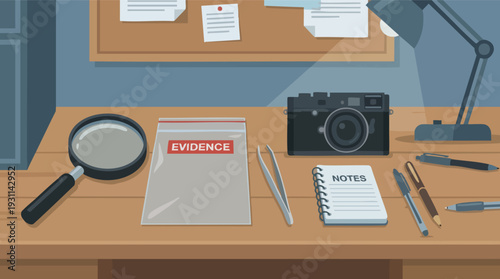 Desk with Office Supplies and Camera.