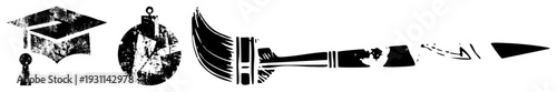 Educational symbols including mortarboard, antique compass, painter’s brush with textured strokes, isolated vector for creative or academic themes.