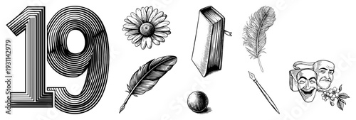 Retro styled vector including the number 19, daisy flower, open book, feathers, quill pen, and comedy/tragedy masks. Classic engraved art for creative projects.