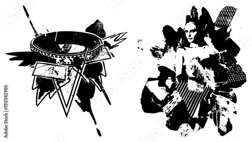 Stylized vector art with ink splatter effects, featuring a decorative bowl and a surreal human figure, rendered in stark with textured and geometric fragments.