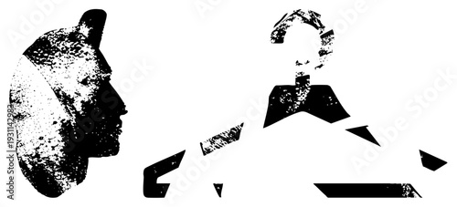 Black & white vector warrior vs soldier, halftone texture, graphic art, military confrontation, silhouettes, bold shapes, stark contrast
