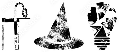 Grungy halftone symbols witch hat, rosary, shattered bulb. Vintage distressed vector, spiritual and creative concepts.