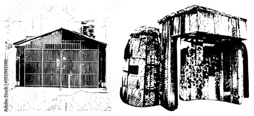 Rustic architectural structures featuring metal grilles, stone masonry, and aged textures, ideal for retro design or historical themes.