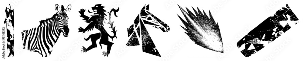 Fototapeta premium Graphic zebra, lion, horse, hedgehog, and rendered in distressed black and white vector art, bold shapes, gritty texture, isolated animal.