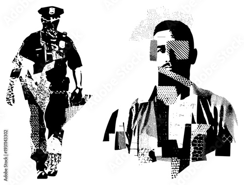 Black and white vector art of police officer and man with halftone textures, graphic design, bold silhouettes, urban illustration, pop art style.