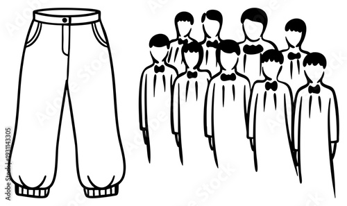 vector of tapered pants beside stylized crowd in formal attire, minimalist fashion graphic, flat design fashion illustration, silhouette group portrait.