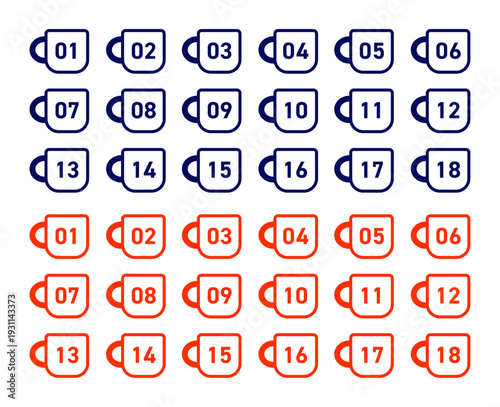 インディゴネイビーとバーミリオンレッドの二色で展開する、コーヒーカップのシルエット内に番号を配したカフェやレストランの座席管理用テーブルナンバーアイコンセット