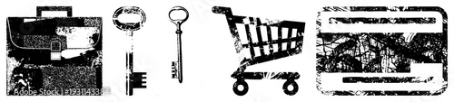 Retro styled briefcase, skeleton keys, shopping cart, credit card symbols, distressed vector, business finance tools, digital commerce symbols.