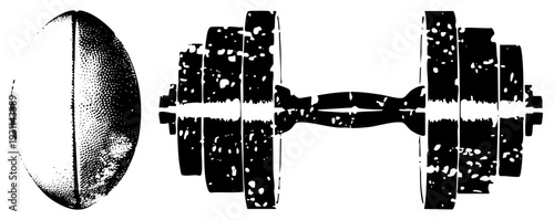 Rugby ball with textured and dumbbell with worn weight plates, fitness and sports equipment, vector illustration, black and white halftone style.