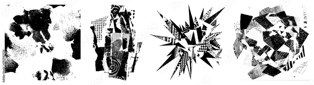 Fototapeta premium Fragmented shapes with halftone textures, dynamic composition, graphic design elements, bold contrast, modern art, digital illustration, vector composition.