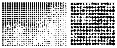 Vector graphic featuring two grids of black circular dots, left side uniform, right side irregularly distorted, minimalist design, halftone effect, isolated foreground.