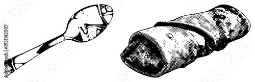 Fragmented spoon with geometric, twisted doughnut with halftone shading, vector illustration, food and utensil, stylized black and white graphic.