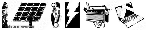 Vintage tech symbols including solar panel, lightning bolt, boombox radio, and laptop, rendered in gritty halftone vector art. Ideal for retro digital themes, energy apps, or tech nostalgia projects.