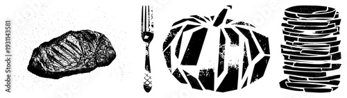 Black and white vector of grilled steak, fork, stylized pumpkin, and stacked plates. Halftone texture, isolated elements, food service, graphic design assets.