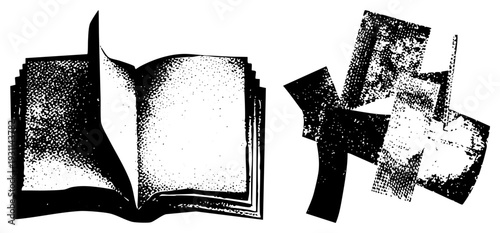 Vintage style open book with dot matrix shading, paired with fragmented ink blot shapes, vector art, black and white graphic, educational or creative concept.