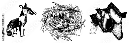 Triptych of stylized animal and object forms using fragmented shapes and halftone textures, vector illustration, graphic design elements, abstract composition.
