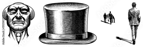Classic top hat with ribbon band, stylized male faces, walking figures, halftone shading, vintage engraving style, isolated vector graphics.