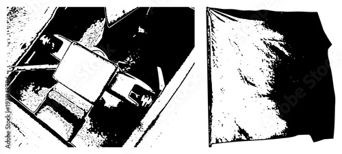 Mechanical engine, car interior mechanisms, automotive repair tools, vintage vehicle components, halftone graphic design, black and white vector illustration.