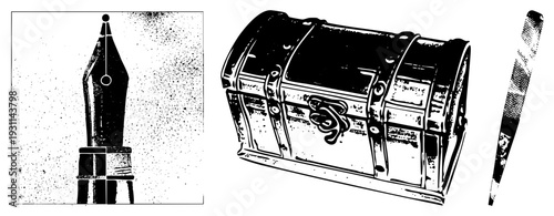 Classic writing tools and treasure chest set, vintage fountain pen nib, antique chest with clasp, wooden pencil, halftone vector illustration, isolated stationery elements.