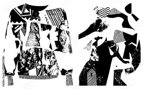 Stylized black silhouette collage of fragmented human forms and clothing, halftone textures, graphic design, pop art influence, vector art.