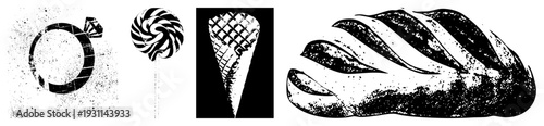 Black and white halftone illustrations of a ring with diamond, swirl lollipop, waffle cone ice cream, and braided bread loaf. Classic graphic design elements with textured grain.
