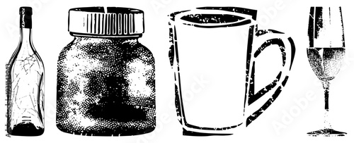 Black and white halftone graphic of bottle, jar, mug, wine glass, classic drink vessels, retro packaging, vector art.