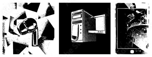 Digital device rendered in halftone, geometric shapes, tech gadgets, vector graphic, black and white, modern minimalist tech symbols.