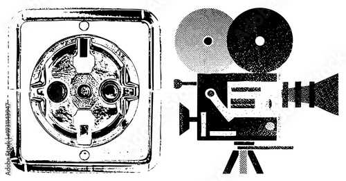 Retro movie camera with reels and, classic power socket, halftone style, vector graphic, isolated elements, film equipment, electrical outlet.
