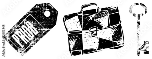 Grunge style black and white price tag, briefcase, key classic symbols for commerce, business, and access. Retro distressed texture, bold, isolated elements.