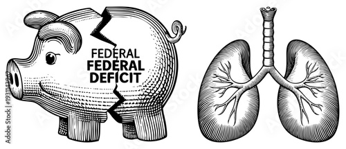 Cracked piggy bank (federal deficit) beside lungs anatomy, symbolizing financial crisis and health/economy themes.