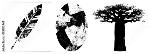 Graphic vector feather with textured, abstract oval shape with halftone fragments, baobab tree silhouette. Flat design,, isolated elements for UI or branding.