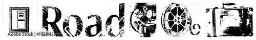 Grunge style travel symbols including road sign, film reel, suitcase, and camera lens, evoking wanderlust, cinematic trips, and classic journeys. Road trip, film reel, travel gear.