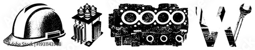 Safety helmet, transformer, engine block, wrench technical gear, machinery symbols, mechanical components, engineering tools.