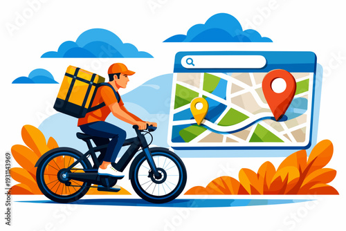 Delivery man riding bicycle with package and map.