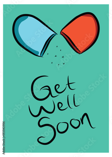 Get Well Soon Greeting Card with Medicine Illustration