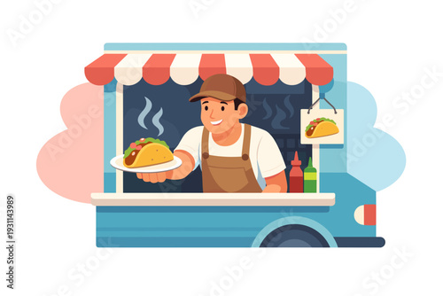 Happy Food Truck Vendor Serving Delicious Tacos.