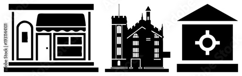 Vector building including storefront, fortress, and bank vault, minimalist black shapes, architectural symbols, flat design, isolated elements.
