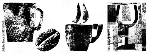 Vintage halftone coffee cup, roasted bean, rising, graphic design,, screen print aesthetic, beverage.