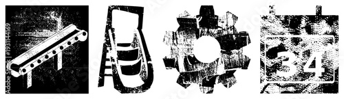 Mechanical gear, conveyor belt, stylized "34" in halftone, vector, industrial,, technical illustration